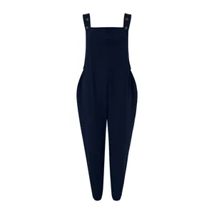 Navy blue cotton linen women's overalls jumpsuit featuring button straps and front pocket