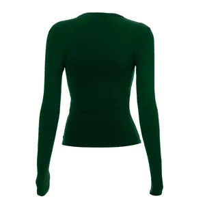 Detailed back view of a slim-fit dark green long-sleeved T-shirt with raglan sleeves.