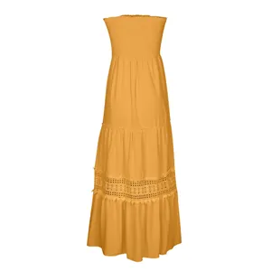 Élégante robe longue bohème jaune bustier smockée avec détail de dentelle crochet