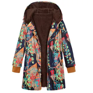 Γυναικείο παλτό με κουκούλα και επένδυση fleece, plus size με vintage τύπωμα