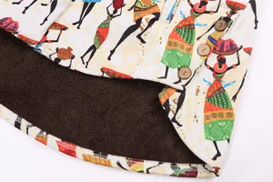 Detailed macro view of an ethnic print jacket featuring thick brown plush lining and wooden buttons.