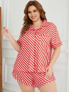 Front view of a plus size red and white striped pajama set with short sleeves and shorts