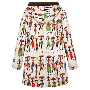 Detailed back view of hooded coat showcasing the vibrant African ethnic lady print