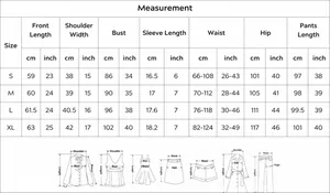Comprehensive size chart for women's summer short sleeve pajama set measurements in cm and inches