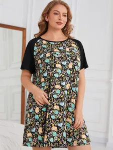 Plus size floral loungewear dress with black raglan sleeves in a soft detail shot
