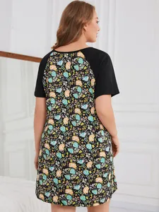 Back view of plus size short sleeve nightdress with floral print and black sleeves