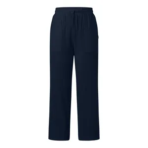 Detailansicht der dunkelblauen, lockeren Freizeithose mit elastischem Bund und Kordelzug.