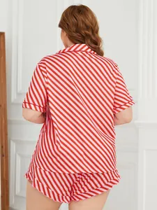 Back view of red and pink striped plus size short pajama set with ruffled shorts