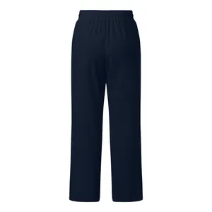 Rückansicht einer dunkelblauen Hose mit geradem Bein und bequemer elastischer Taille