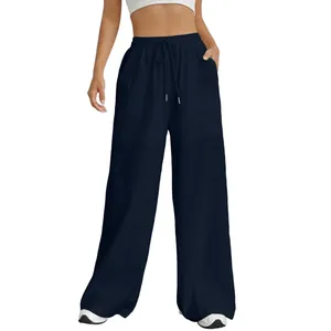 Hoch taillierte, marineblaue Weitbeinhose mit bequemem Kordelzug und elastischem Bund