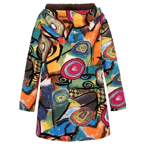 Detailed back view of women's thick mid-length hooded coat with abstract artistic print