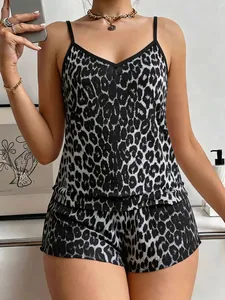 Close-up detail of sexy leopard print camisole and shorts pajama set for women