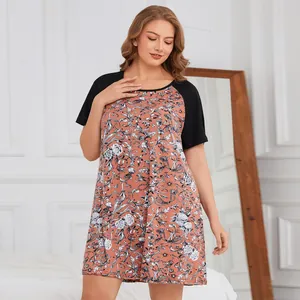 Women Plus Size Short Sleeve Nightgown Summer Loose Casual Floral Print Round Neck Contrast Raglan Sleeve Nightdress Homewear