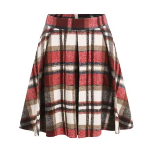 Minifalda plisada a cuadros rojos y blancos con diseño de cintura alta de otoño