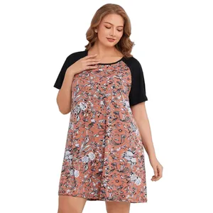 Plus size floral print nightdress with black raglan sleeves and coral summer casual style