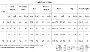 Detaillierte Maßtabelle für Damen-Langarm-Pyjamas in cm und Zoll, Größen S-XL.