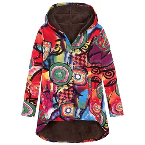 Front view of colorful hooded coat with plush lining and irregular hem.