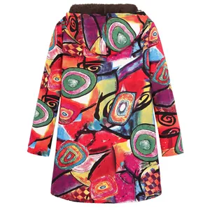 Back view of a colorful artsy abstract print hooded coat with warm fleece lining