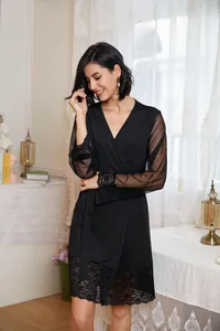 Detail of black mesh long sleeve bathrobe with elegant lace trim and wrap design