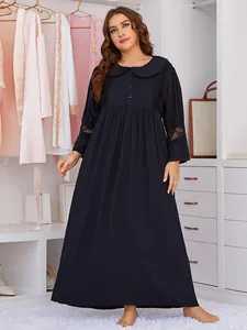 Elegant plus-size long-sleeved black nightdress featuring delicate lace details and collar.