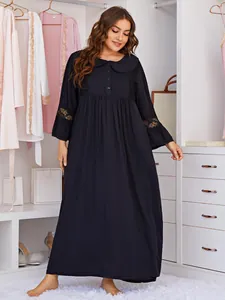 Full length plus size long sleeve nightgown with lace trim details in closet setting