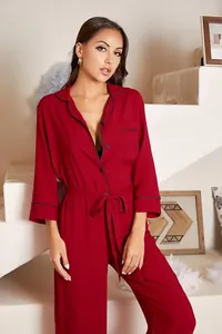 Elegant burgundy long sleeve one-piece loungewear with stylish black piping detail