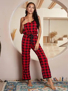 Women's red and black buffalo plaid sleeveless jumpsuit pajama set with drawstring waist