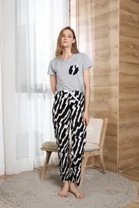 Detailed view of women's two-piece pajama set with gray top and zebra pants.