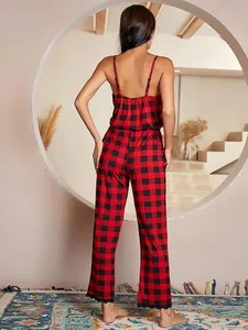 Detailed back view of red and black checkered camisole jumpsuit pajama set for women