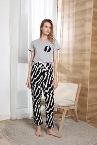 Comfortable women's short sleeve grey top and zebra print long pajama pants set
