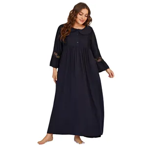 Elegant plus size black long sleeve nightgown with lace trim and Peter Pan collar