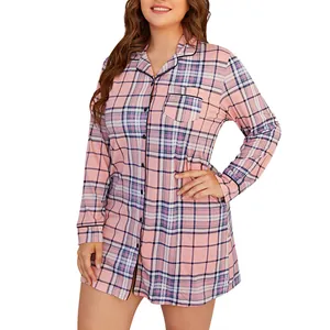 Detailed view of women's plus size pink plaid long-sleeved button-down sleep shirt