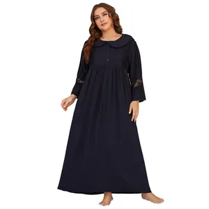 Detail view of plus size long sleeve black nightgown with lace trim and Peter Pan collar