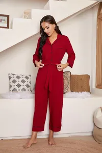 Elegant dark red long-sleeved jumpsuit pajamas for women with stylish black piping details