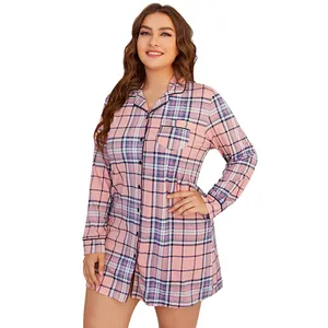 Front view detail of a pink plaid long sleeve sleep shirt featuring button closure