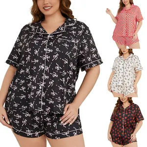 Plus Size Women Loungewear Set Short Sleeve Button Up Lapel Top And Ruffle Shorts Black Pink Bow Striped Pajama Set