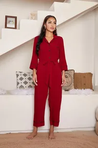 Elegant red long-sleeved jumpsuit pajamas with tie waist and black piping detail for women