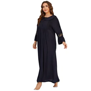 Elegant plus size black long sleeve nightgown with delicate lace trim and Peter Pan collar