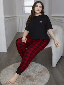 Comfortable plus size loungewear set with black heart t-shirt and red buffalo check pants