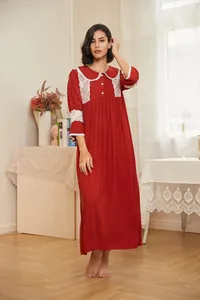 Full-body view of a vintage red court-style nightdress with white lace trim details.