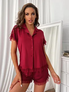 Red lace short-sleeve pajama set with ruffles and button-down top for summer comfort