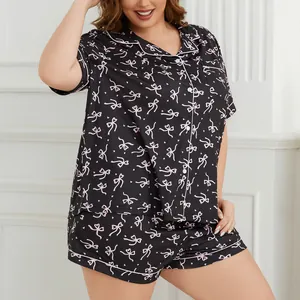 Plus size women's pajama set black short sleeve top and shorts with pink bow print