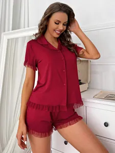 Elegant burgundy short sleeve pajama set featuring delicate lace mesh trim for women summer