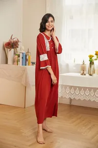 Elegant red palace-style nightdress with white lace trim and Peter Pan collar