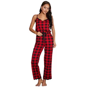 Women's red and black buffalo plaid sleeveless camisole jumpsuit pajama set for summer