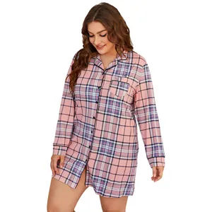 Plus size women's long sleeve plaid nightgown with elegant cardigan button-down design