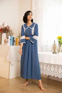 Elegant palace style long-sleeved nightgown with delicate lace trim for women loungewear