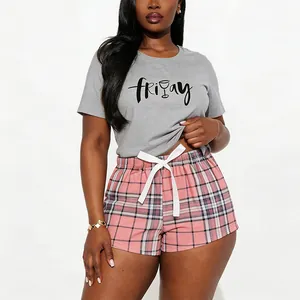 Casual women's 2-piece pajama set with grey Friday print tee and pink plaid shorts