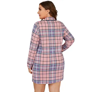 Back view of a stylish pink plus-size long-sleeve plaid sleep shirt for women