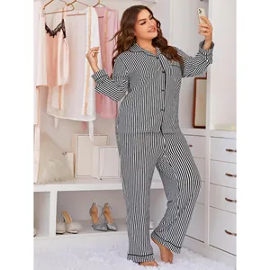 Stylish plus size women's black and white striped long sleeve pajama set loungewear